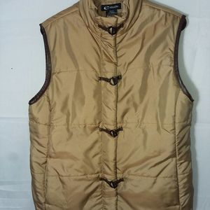e studio tan jacket puffer vest polyester coat XL faux leather trim buttons